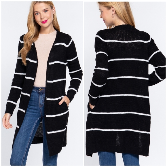 Cozy Chic Black Striped Longline Open Card… - Picture 2 of 7